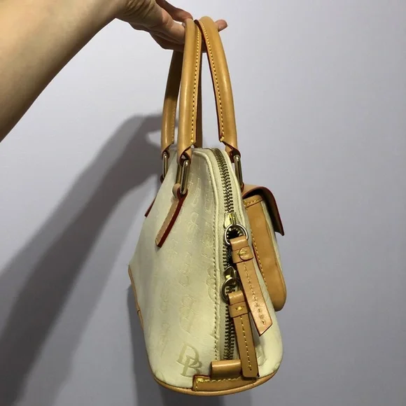 Dooney & Bourke Signature Monogram Cream Tan Canvas & Leather Mix Satchel Bag - Picture 4 of 16